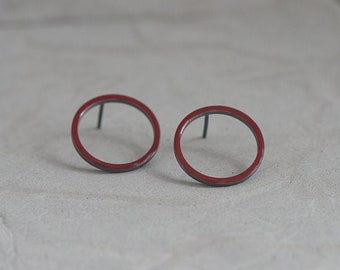 Open Circle Red  Silver Earrings, Minimalist Jewelry, Geometric Earrings, Statement Earrings, Small Stud Earrings, Trendy Jewelry, For Her,