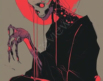 Lámina artística de Sacerdotisa Esqueleto Gótico: Arte mural de fantasía oscura, Ilustración de calavera de terror, Decoración de brujería oculta, Póster de esqueleto macabro
