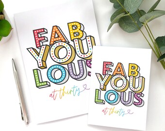 Fabulous at Thirty Birthday Card, Milestone Card, Typography Design, Rainbow Card, 30 and Fabulous, Birthday Greetings