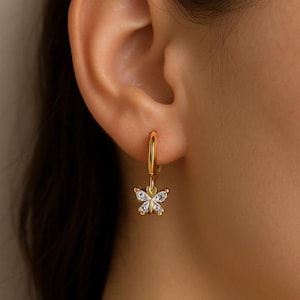 Butterfly Earrings, Dainty Charm Huggies, Charm Huggie earrings, Huggie hoops, CZ hoops gold, Dainty hoops, Gold hoops, Minimalist earring