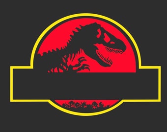 May include: A red and yellow Jurassic Park logo featuring a silhouette of a dinosaur. The dinosaur is black and has a large head with sharp teeth. The logo has a blank space in the middle.