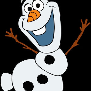May include: A cartoon illustration of Olaf, the snowman from Disney's Frozen. Olaf is white with a carrot nose, black eyes, and brown twig arms and hair. He has a wide, happy smile and a blue mouth.