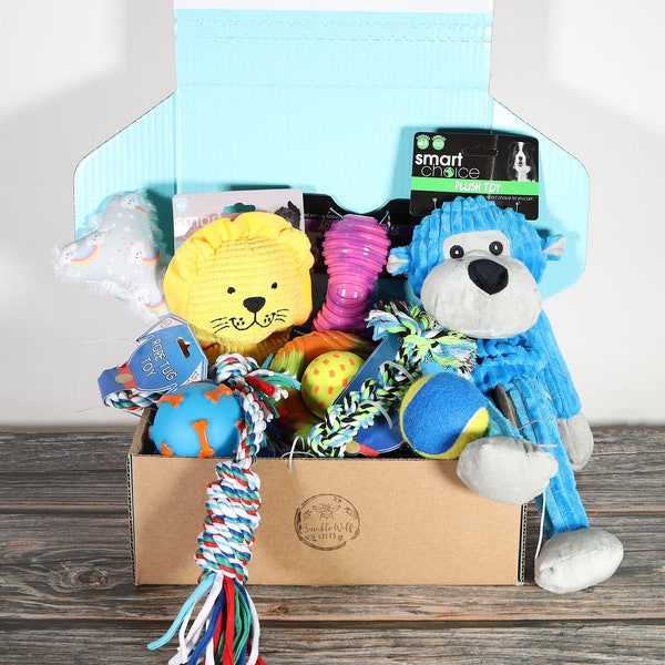 Dog Toys Gift Box Hamper |  Squeaky Rope | Plush | Birthday | Bumble Wolf Gifts | Puppy | New Dog
