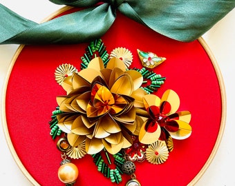 BEADING KIT COMPLETE. Pattern, Instructions, beads & fabric, Right-Handed: Christmas gold sequin flower Bead Embroidery