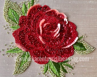 Bead Embroidery Kit, Pattern & Instructions only,  Right Handed without beads:  Beaded Red Rose.  Bead Embroidery