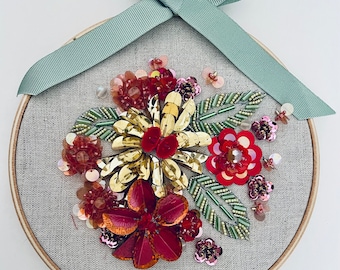 BEAD PACK: with beads & fabric, Christmas gold sequin flower Bead Embroidery