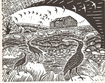 Large lino-print, cyclists, countryside