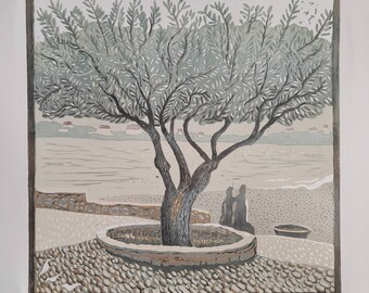 Limited edition handprinted linoprint of olive tree at Cadaques, Spain