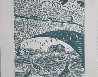 Large limited edition handprinted linoprint in blue grey of cyclists in Yorkshire landscape