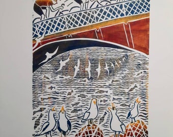 Limited edition handprinted linoprint. Cyclists, seagulls, sea, bridge
