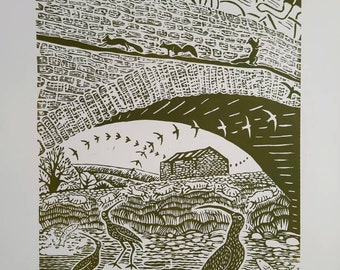 Large limited edition handprinted linoprint of Yorkshire Dales printed in olive green