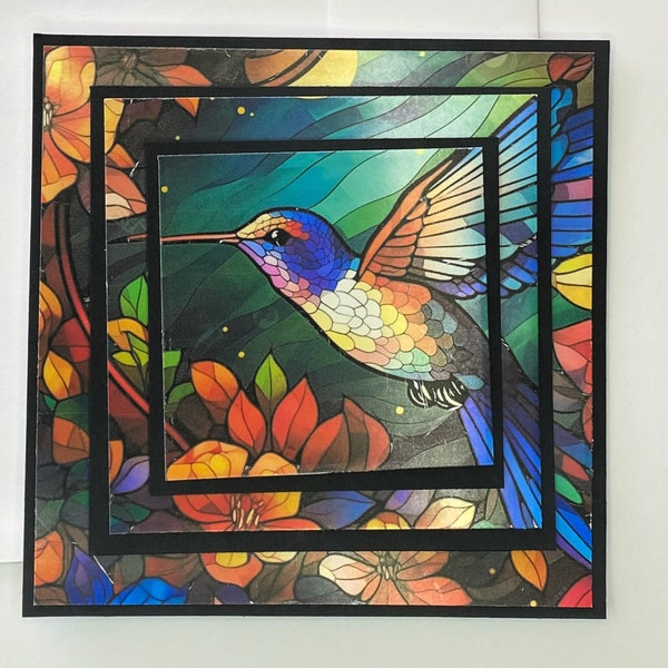Hummingbird handmade note card in stained glass style.  Incredible colors!  All Occasion