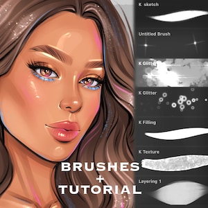 May include: A digital illustration of a woman's face with a pink and brown colour scheme. The image includes the text "BRUSHES + TUTORIAL" and shows a variety of brushes used in digital art.