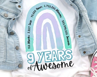 9th Birthday Girl T-Shirt, Rainbow Years of Awesome