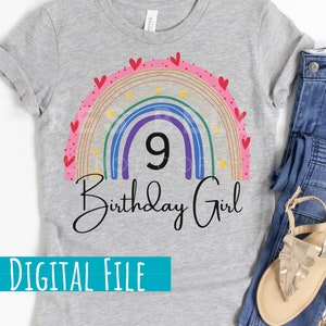 9th Birthday Girl Rainbow SVG, Rainbow Birthday Gift, 9 year old, Birthday Shirt, Birthday Girl Svg PNG JPG, Cricut, Digital Download
