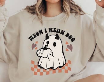 Halloween Cat Sweatshirt, Meow I Mean Boo, Cat Sweatshirt, Halloween Ghost Shirt, Halloween Cat Tee, Halloween Cat Lover Gift, Spooky Season