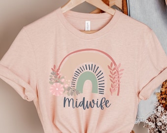 Koszulka z tęczą położnej, uroczy kwiatowy T-shirt, prezent dla studenta położnictwa