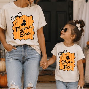 Matchande Halloween-tröjor för mamma och dotter, Mama Boo Mini Boo-tröja, Mamma och jag Halloween-outfit, Söt spökpumpa-tröja