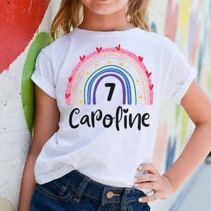Personalized 7th Birthday Kids Shirt Custom Name Girls Shirt Cute Rainbow Birthday Gift for 7 year old Gift Party
