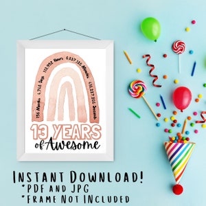 Pôster de 13º aniversário, contagem regressiva de aniversário, 13 anos de ser incrível, cartão de aniversário de 13 anos, festa de 13º aniversário, para impressão