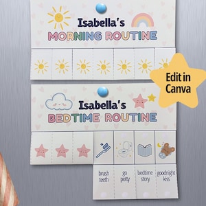 Op de afbeelding: Een magnetische ochtend- en bedtijdroutinetabel voor een kind, met illustraties van zon en sterren. De tabel bevat de tekst "Isabella's MORNING ROUTINE" en "Isabella's BEDTIME ROUTINE". De tabel is bevestigd aan een metalen oppervlak.