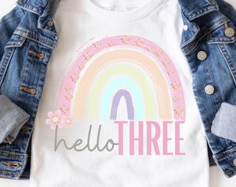 3rd Birthday Shirt, Girl, 3rd Birthday TShirts, Three Year Old Birthday Girl Gift, 3 Year old Birthday Party, Hello Three Tee, Gift for Girl