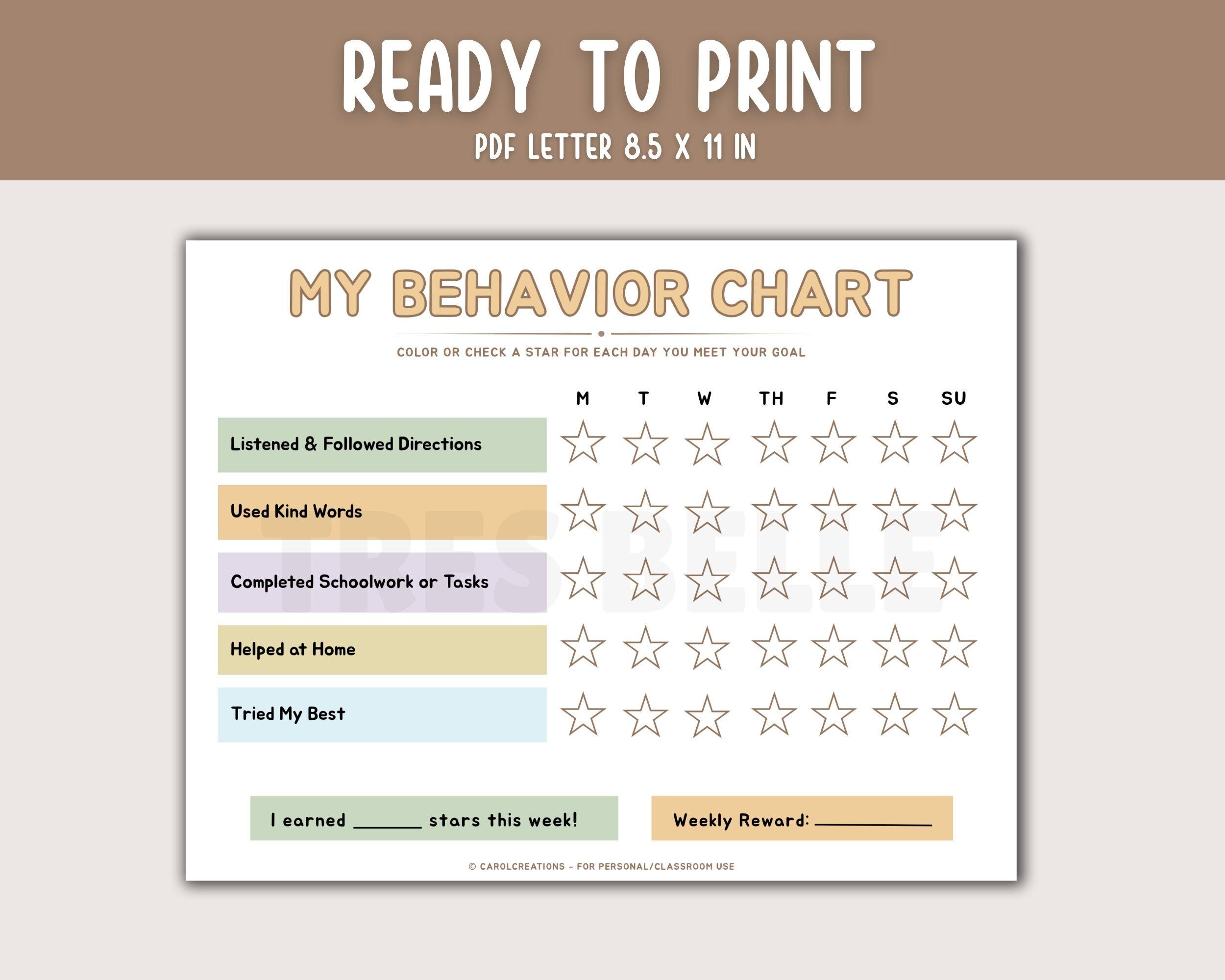 Simple Behavior Reward Chart for Kids, Weekly Behavior Tracker ...