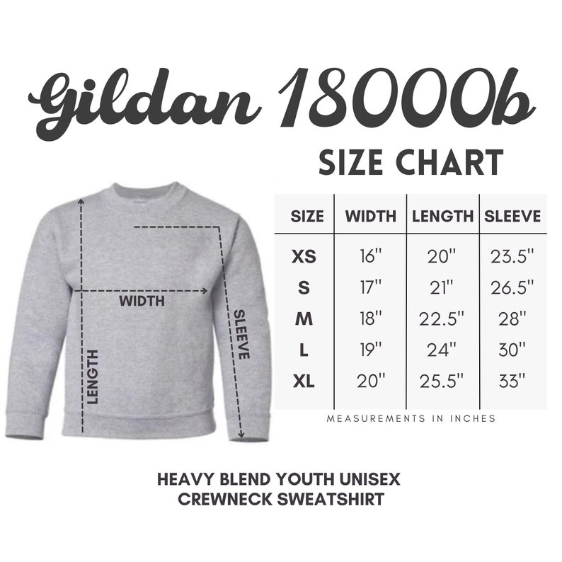 May include: A grey Gildan 18000b youth crewneck sweatshirt size chart. The graphic displays a light grey long-sleeve sweatshirt with dashed lines indicating width, length, and sleeve measurements, alongside a table listing sizes XS to XL in inches.