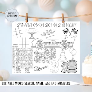 May include: Black and white printable birthday activity sheet with the text "RYLAND'S 3RD BIRTHDAY". Includes a race car, word search, maze, and other racing-themed graphics. The words "INSTANT DOWNLOAD" are at the top.
