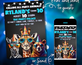Calling All Party Animals Neon Invite, Party Animals Birthday Invitation, Fun Animal Theme Kids Party Invitation,  Editable Instant Download