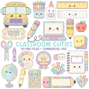 Può includere: Una collezione di illustrazioni di materiale scolastico dai colori pastello che include uno scuolabus giallo, un portatile, un mappamondo, forbici, un righello, colla, matite, una calcolatrice, un quaderno e un buono premio, tutti con facce sorridenti e il testo Classroom Cuties.