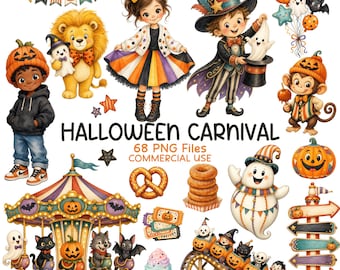 Halloween Carnival Clipart, Circus PNG Bundle, Watercolor Halloween Clip Art, Commercial Use