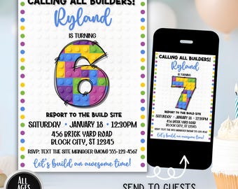 Building Block Birthday Invitation, Block Party Kids Invite, Brick Theme, Boy-Girl, Editable Template