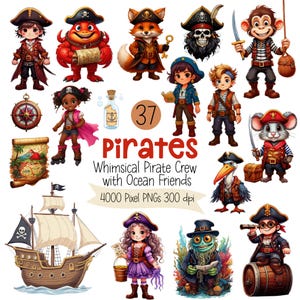 Whimsical Pirate Clipart Bundle | Cute Pirate Characters, Ocean Animals and Ships | Nautical Party & Scrapbook Digital Graphics PNG
