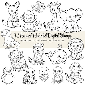 May include: Black and white digital stamps of various animals, including a kangaroo, monkey, giraffe, elephant, and lion. The text "A-Z Animal Alphabet Digital Stamps" is displayed, along with the words "Worksheets, Coloring, Classroom Use."