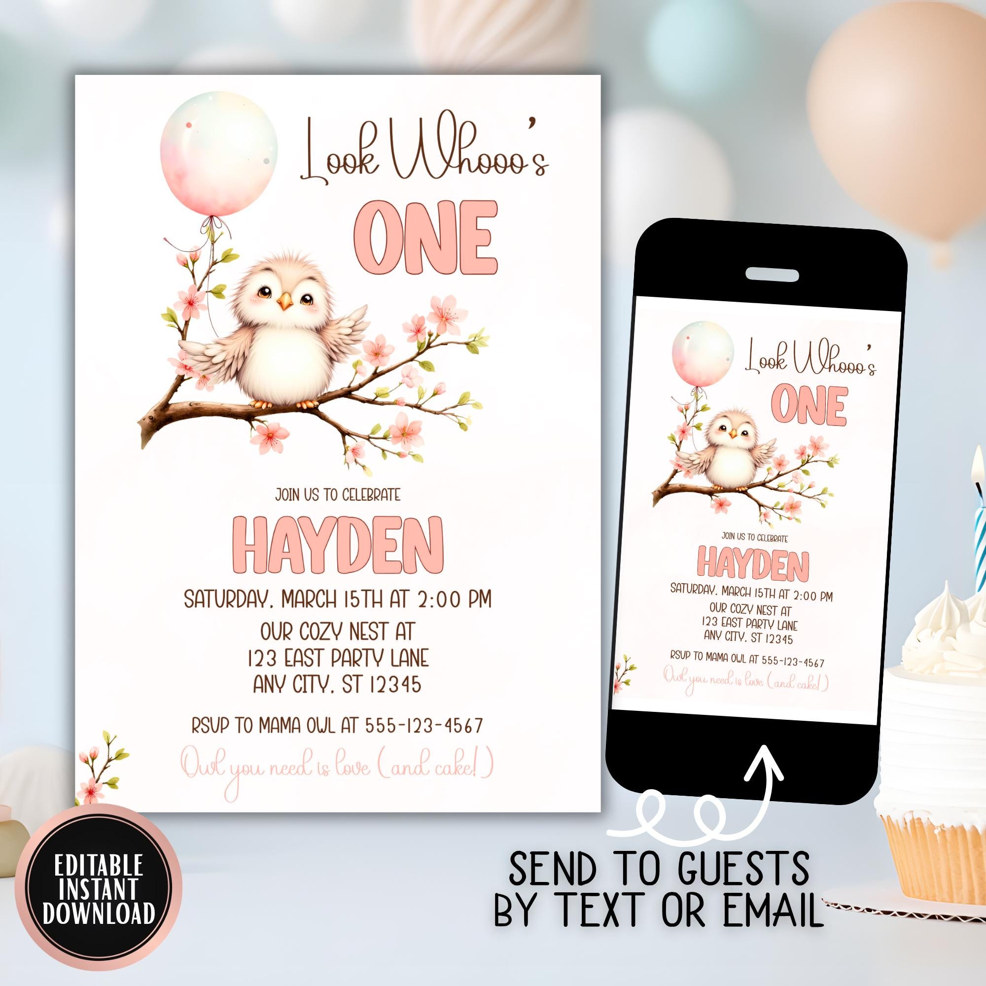 Owl Birthday Invitation Girl: Look Whooo&rsquo;s ONE Editable First Birthday Invite with Woodland An