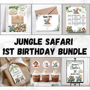 Lot de décorations de fête d'anniversaire Safari 1er anniversaire modifiables, invitation animaux de la jungle, enseigne, tableau des jalons, carte, toppers-tags TÉLÉCHARGEMENT IMMÉDIAT