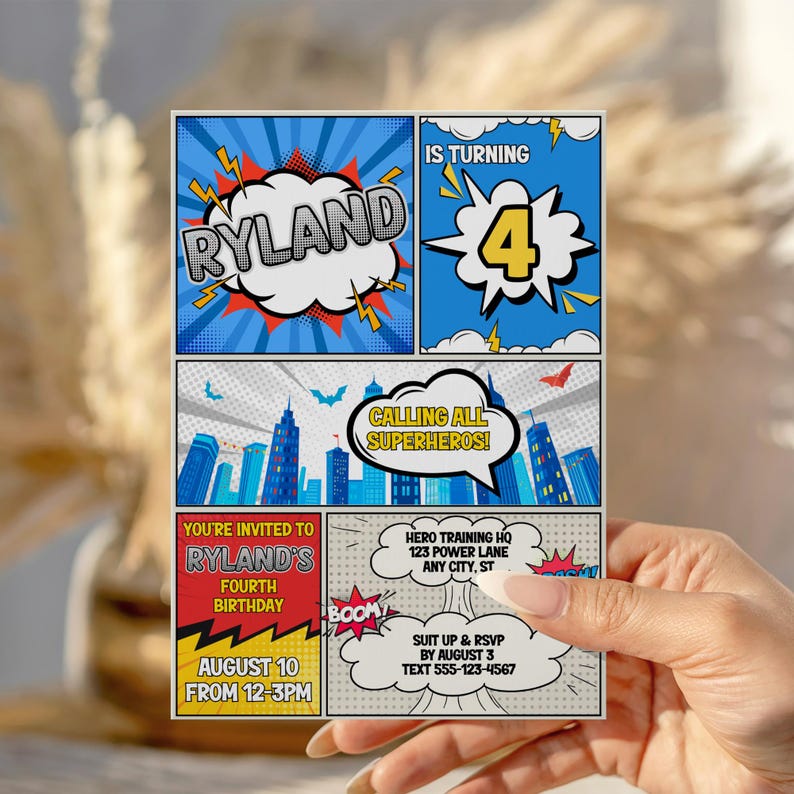 Superhero Birthday Invitation, Comic Book Party Invite, Kids Super Hero ...