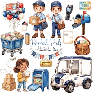 Puede incluir: Una colección de ilustraciones con temática postal que incluye dos carteros, un camión de correo azul, un carrito azul lleno de paquetes, un buzón azul, un bolso de cuero marrón, un escáner y el texto Postal Pals 67 PNG FILES.