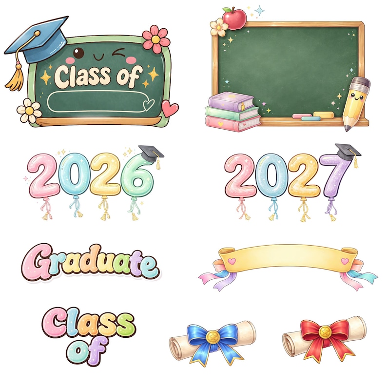 Graduation Clipart PNG Set, Class of 2026 Clip Art, Groovy Grad ...