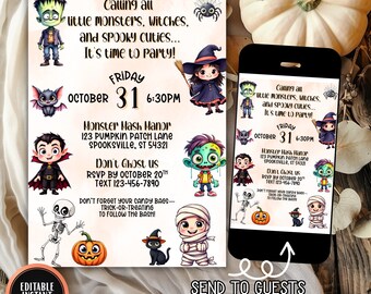 以下が含まれることがあります： ハロウィーンパーティーの招待状。漫画のモンスター、魔女、不気味なキャラクターが描かれています。招待状には、パーティーの日時と場所、RSVPのリクエストが含まれています。編集可能なインスタントダウンロードとして利用できます。