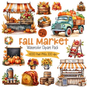 Könnte beinhalten: Aquarell-Clipart-Paket mit Herbstmarktszenen. Enthält Marktstände, Kürbisse, Äpfel, einen mit Produkten beladenen Lastwagen und Blumenarrangements. Der Text "Fall Market" und "4000 Pixel PNGs 300 dpi" ist ebenfalls sichtbar.
