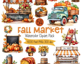 May include: Watercolor clipart pack featuring fall market scenes. Includes market stalls, pumpkins, apples, a truck filled with produce, and floral arrangements. The text "Fall Market" and "4000 Pixel PNGs 300 dpi" are also visible.