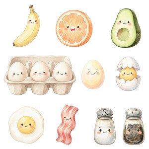 May include: A watercolour illustration of breakfast foods with smiling faces. Includes a banana, orange slice, avocado, eggs in a carton, a single egg, an egg with a chick, a fried egg, bacon, and salt and pepper shakers.