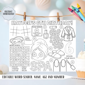 May include: Black and white printable spa-themed birthday activity sheet. Features a word search, tic-tac-toe, a maze, and nail design elements. Text includes "Hayden's 6th Birthday!" and "Instant Download."