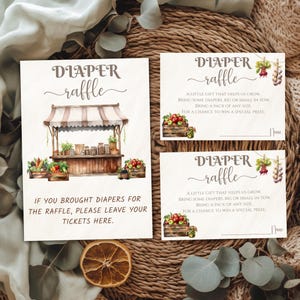 Boletos para la rifa de pañales del mercado de agricultores, juego para baby shower con productos locales, letrero y tarjetas rústicas imprimibles para la rifa, juego de insertos para baby shower en tonos neutros.