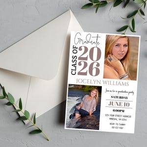 May include: A graduation announcement with a photo of a woman, the text "Graduate 2026," and event details. The invitation is white with a matching envelope and sprigs of greenery.