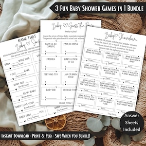 May include: A bundle of three baby shower games printed on white paper. The games include "Name That Baby Song," "Baby Guess the Price," and "Baby Showdown." The bundle includes answer sheets and is available for instant download.