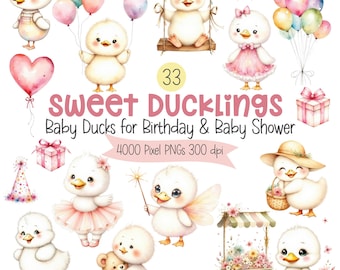 Girl Duck Clipart Bundle | Baby Shower & Birthday PNGs, Nursery Animal Graphics, Digital Download