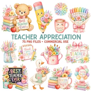 Può includere: Una collezione di illustrazioni ad acquerello con il tema dell'apprezzamento degli insegnanti. Include un orsacchiotto, una matita, una tazza di caffè e altri elementi con accenti floreali e il testo "Best Teacher Ever" e "Thank You Teacher".